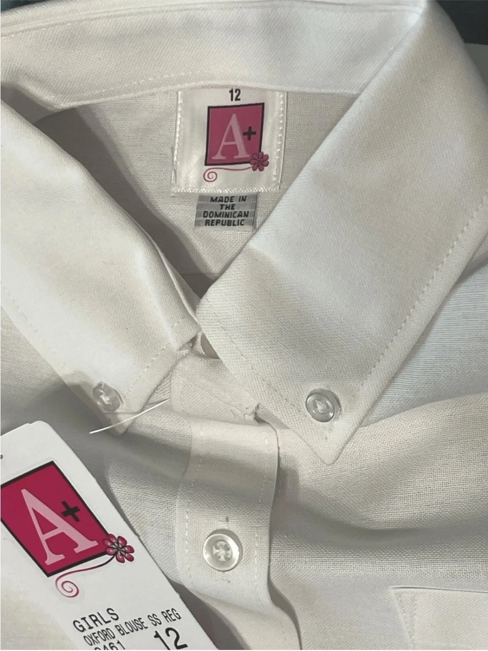 A+ School Apparel Uniform Girls Oxford Blouse Shirt SZ 12 SS White Button Collar